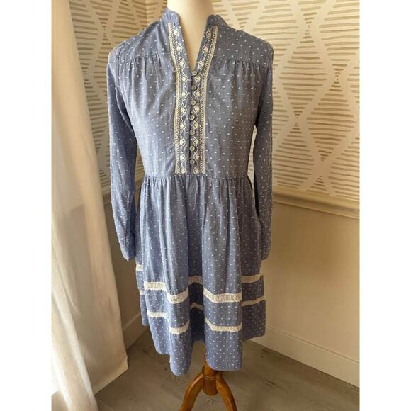 Label Ritukumar Ritu Kumar Small Blue Chambray Cotton Dot and Beaded Dress - Picture 3 of 8